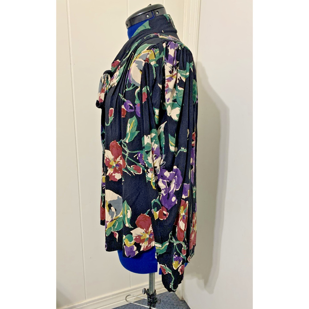 Lauren Ralph Lauren Black Pleated Floral Jersey Tie Neck Top Puff Sleeve XXL - Picture 3 of 10